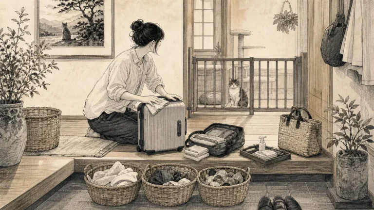 猫宿から帰宅して玄関で洗濯物と旅行鞄を分けて手入れするイラスト