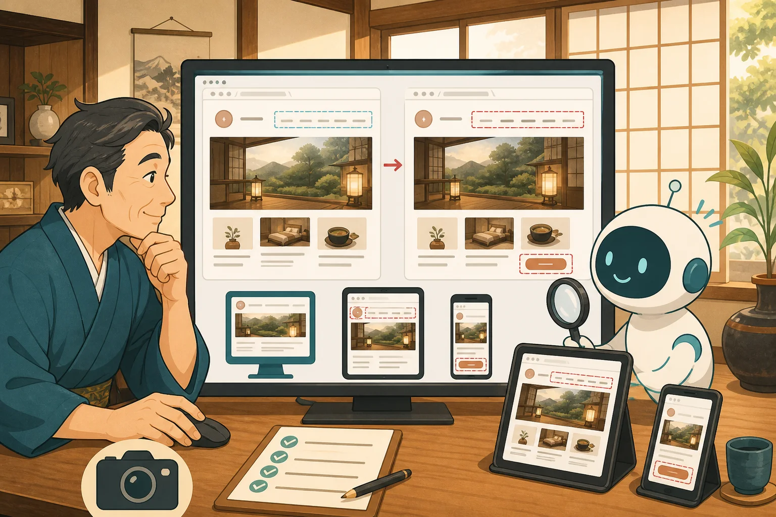宿主とAIがWordPress更新前後の画面をパソコン・タブレット・スマートフォンで比較するイラスト