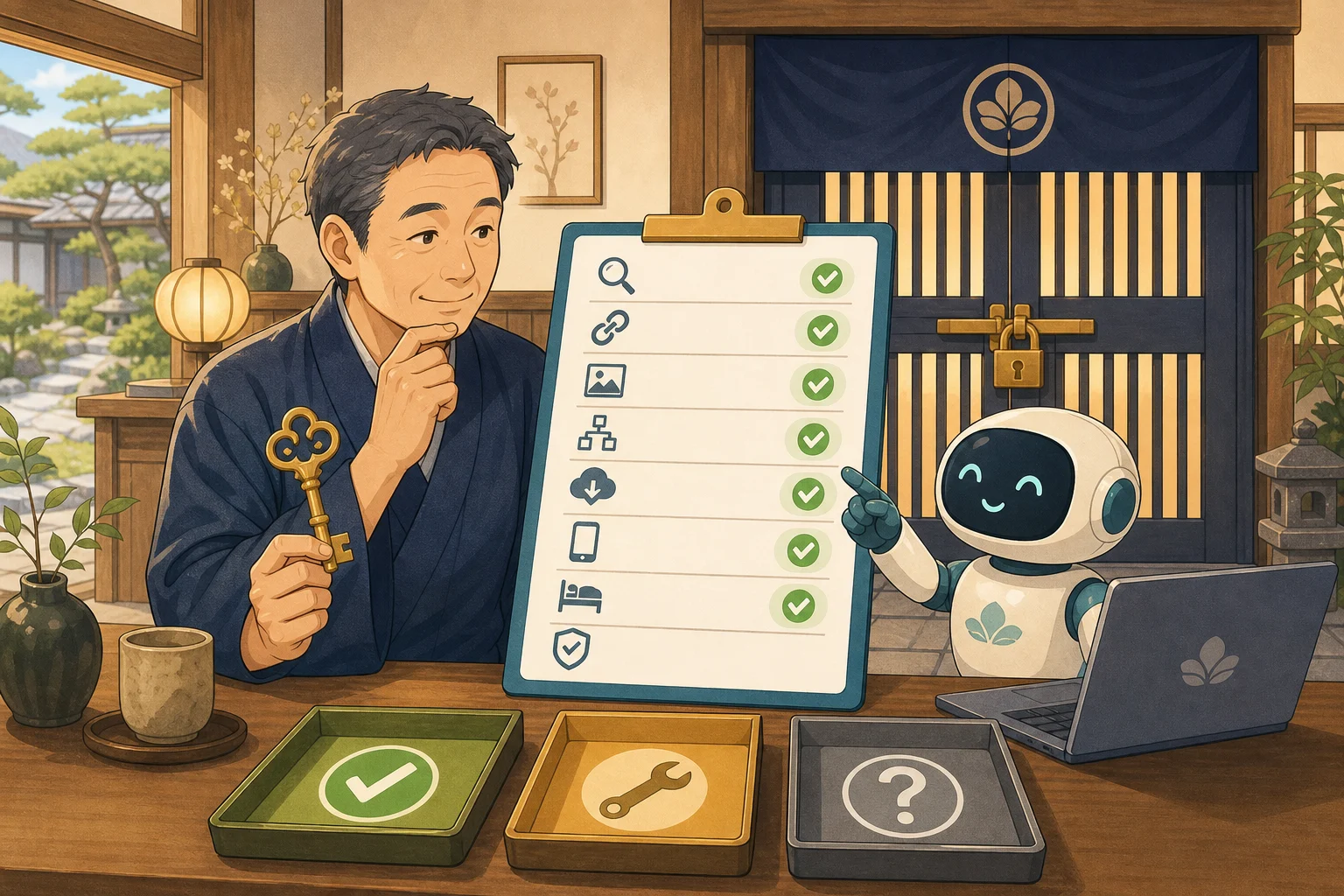 宿主が公開ゲートの前でAIによる事実、リンク、画像、バックアップ、予約導線の確認結果を点検するイラスト