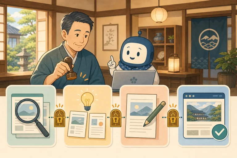 旅宿主人逐阶段批准AI的调查、提案、草稿与正式环境变更的插画
