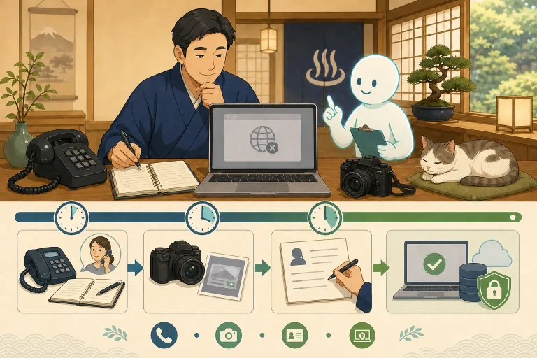 宿主とAIがWordPress障害発生後の30分間に電話予約の確保・画面記録・連絡・復旧判断を順番に確認するイラスト