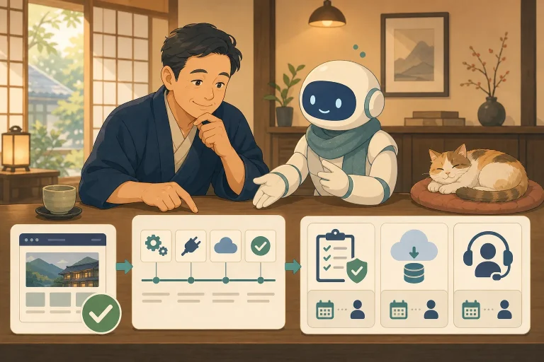 復旧後に宿主とAIがWordPress障害の時系列を振り返り、更新手順・バックアップ・連絡体制の改善策を整理するイラスト