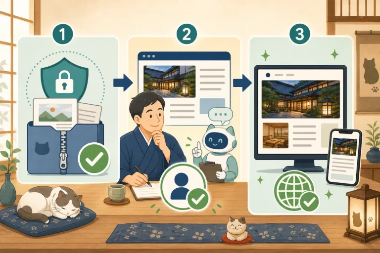 Illustration of backing up, checking articles by a person, and checking publication on a computer and smartphone in order.