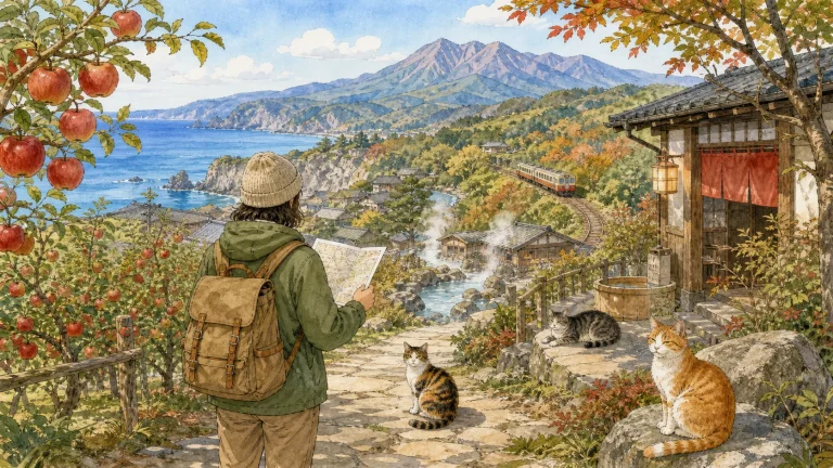 海・りんご畑・温泉郷を背景に青森県の猫宿を探す旅行者のイラスト