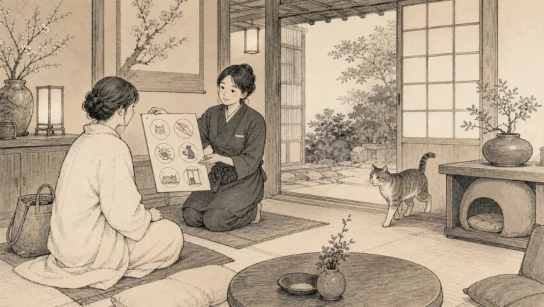 初めて猫宿へ来た旅行者がスタッフから触れ合いルールを聞くイラスト