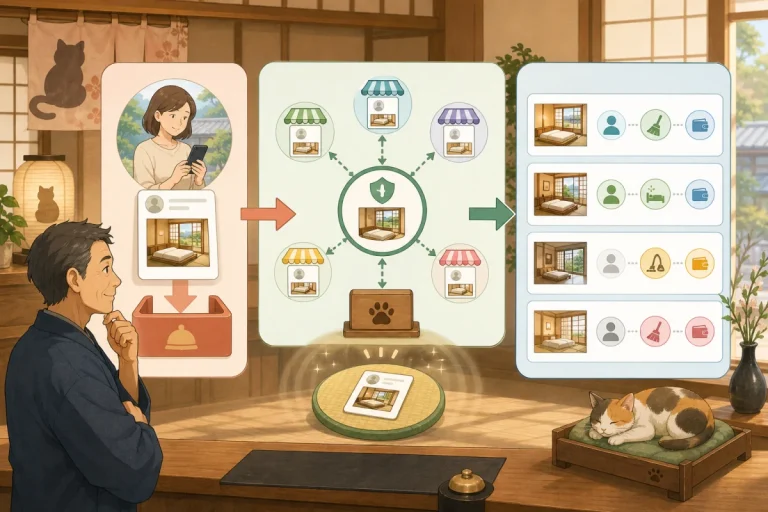 Illustration showing the three roles of managing direct reservations by travelers, inventory synchronization of multiple reservation sites, guest room assignments, and cleaning.