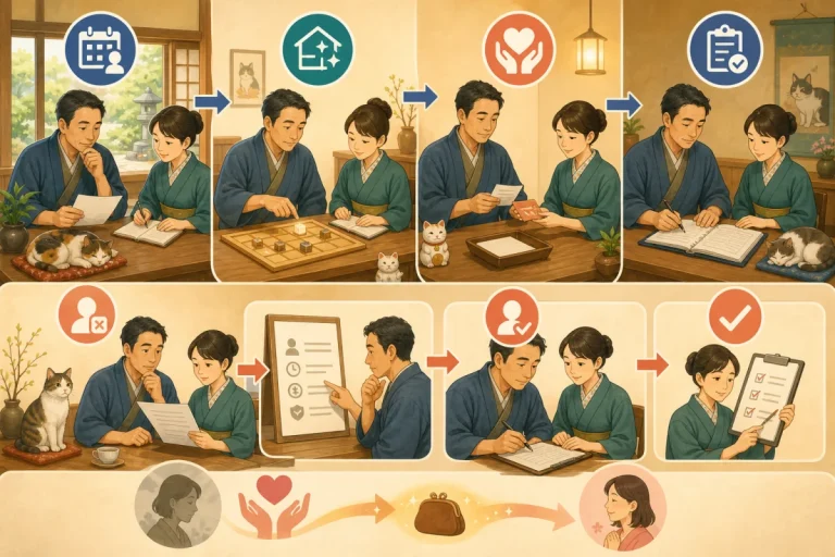Illustration where the host and staff sequentially check the status of canceled reservations, guest room inventory, refunds, and operation records