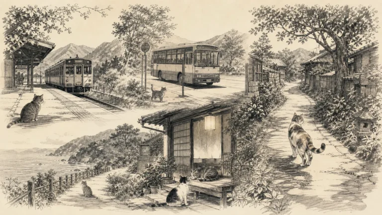 列車とバスと徒歩を組み合わせて猫宿へ向かう旅行者のイラスト