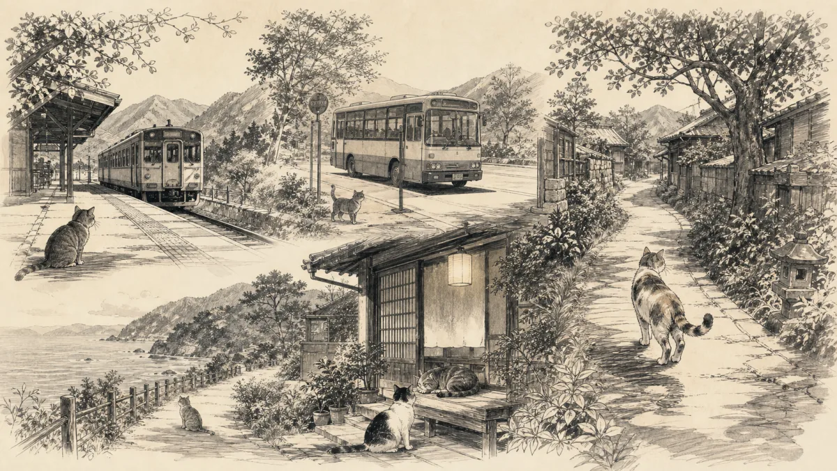 列車とバスと徒歩を組み合わせて猫宿へ向かう旅行者のイラスト