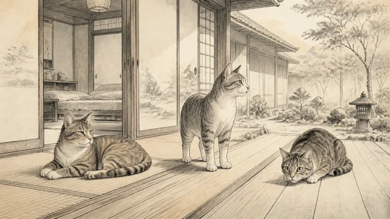 くつろぐ猫、音へ注意を向ける猫、低い姿勢で警戒する猫を並べたイラスト