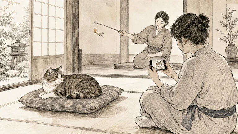 猫宿スタッフが許可された猫じゃらしを離して持ち自然に顔を上げる猫を宿泊者が静かに撮影するイラスト