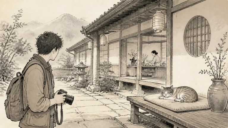 旅行者がカメラを下ろして休む看板猫へ十分な距離を空ける猫宿のイラスト