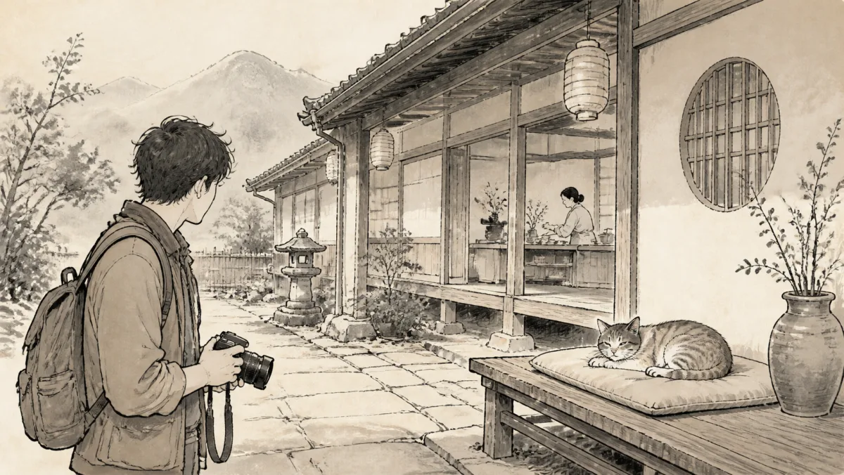 旅行者がカメラを下ろして休む看板猫へ十分な距離を空ける猫宿のイラスト
