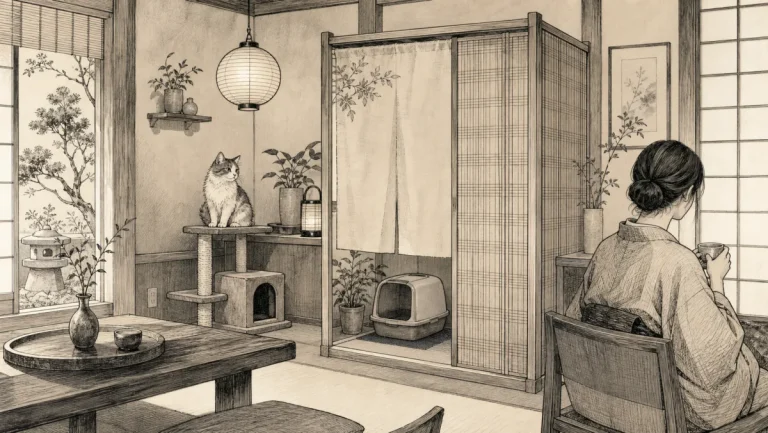 目隠しされた猫のトイレ場所から距離を取り静かに過ごす旅行者のイラスト