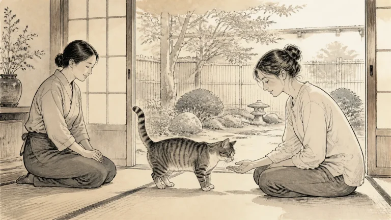 四本足を床につけた猫を抱き上げずスタッフへ触れ合い方を確認する宿泊者のイラスト