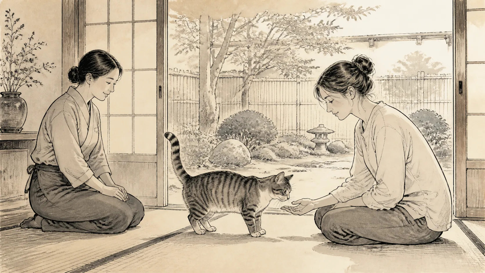 四本足を床につけた猫を抱き上げずスタッフへ触れ合い方を確認する宿泊者のイラスト