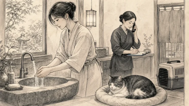 猫宿で手の小さな傷を流水と石けんで洗い宿の人へ連絡する旅行者のイラスト