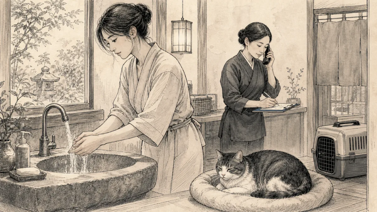 猫宿で手の小さな傷を流水と石けんで洗い宿の人へ連絡する旅行者のイラスト