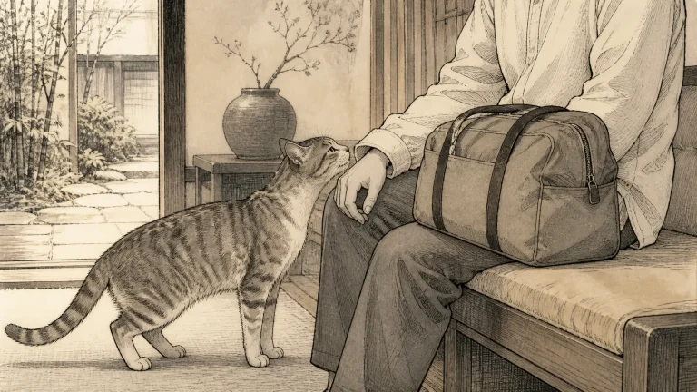 座った宿泊者の袖と閉じた旅行バッグの匂いを静かに確認する看板猫のイラスト