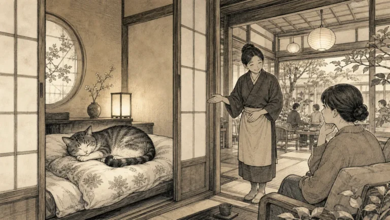 静かな部屋で休む宿猫とその案内を穏やかに受け入れる旅行者のイラスト