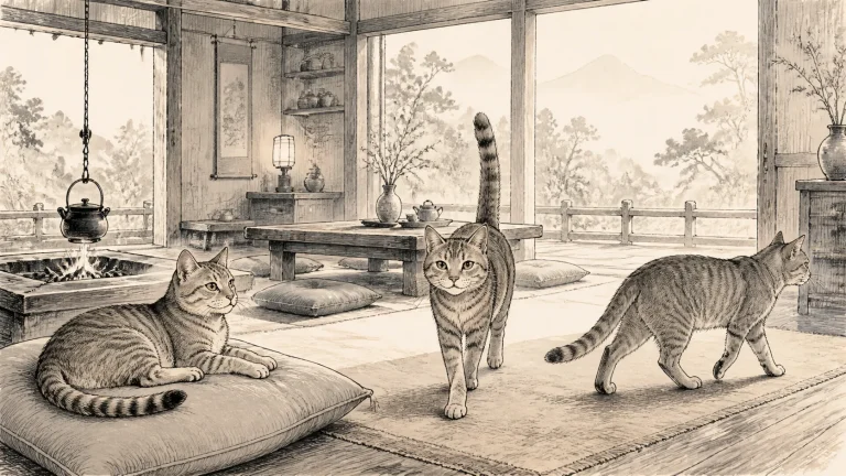 くつろぐ姿勢、しっぽを立てた接近、しっぽを低くして離れる三つの猫の姿を描いたイラスト