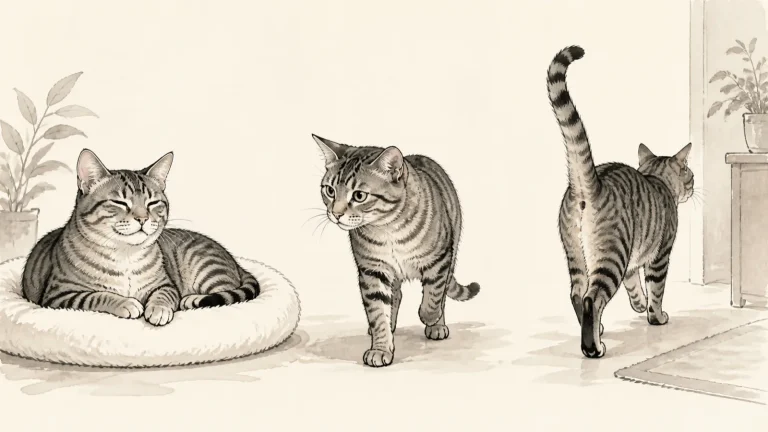 くつろぐ、様子を見る、離れるという三つの姿勢を見せる猫のイラスト