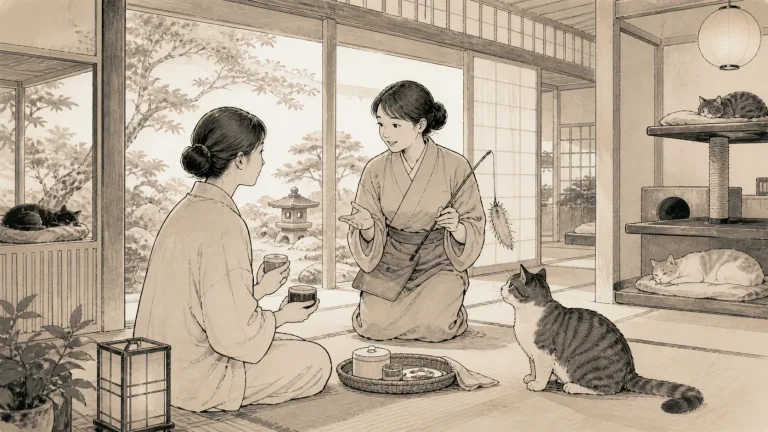 宿が用意した猫じゃらしとおやつの使い方をスタッフへ確認する宿泊者のイラスト