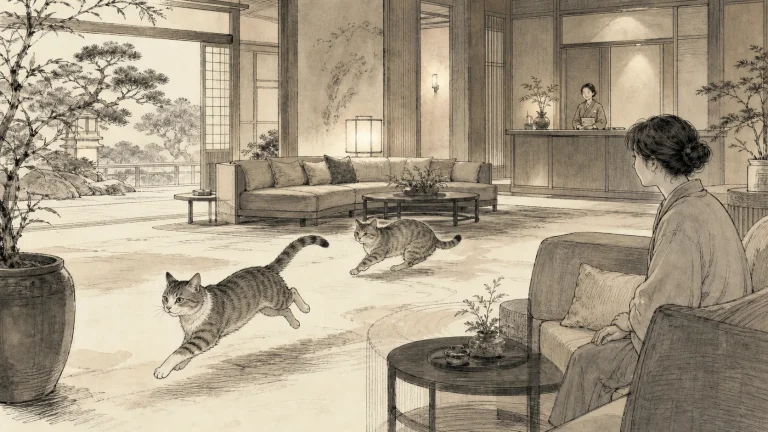 広い館内で追いかけ合う二匹の猫を離れた場所から見守る宿泊者とスタッフのイラスト