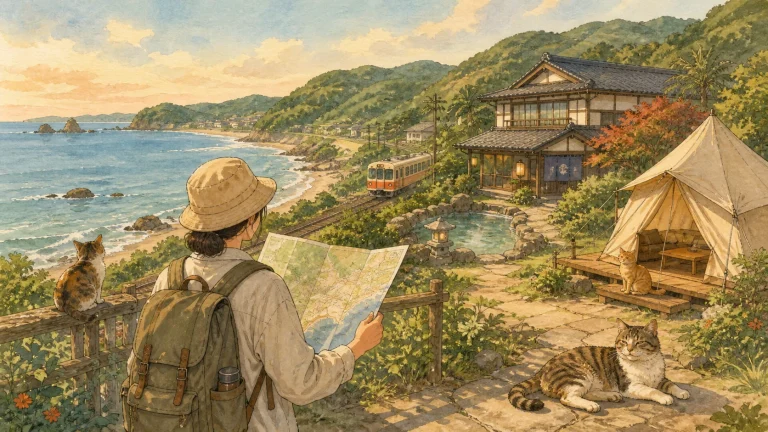 房総の海・里山・ローカル線を背景に千葉県の猫宿を探す旅行者のイラスト