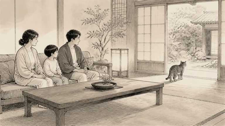 両親と子どもが手を膝に置き離れて歩く看板猫を静かに見送るイラスト