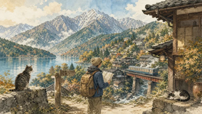 山岳・湖・温泉・ローカル線のある中部で猫宿を探す旅行者のイラスト