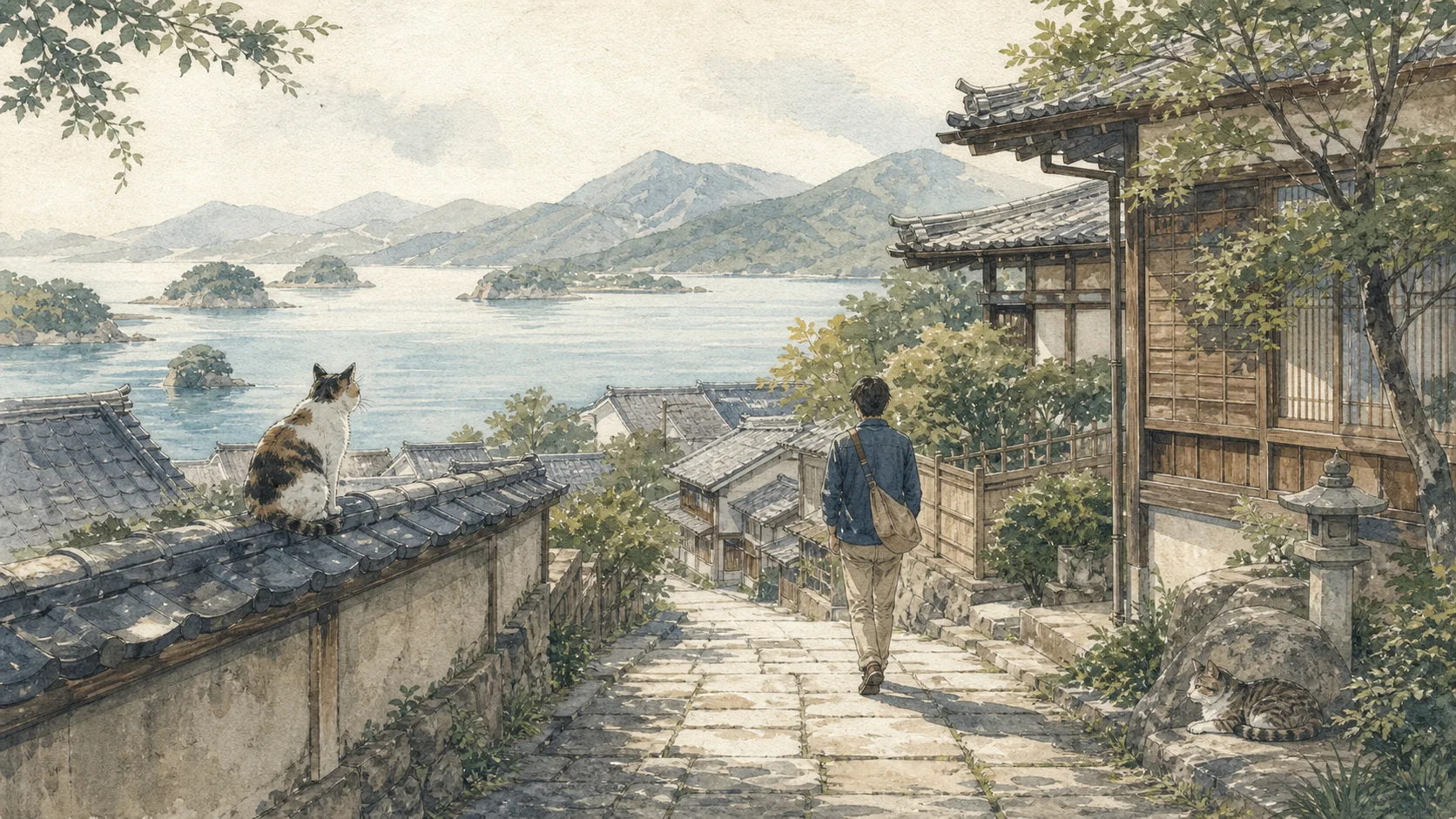 島々の見える海と古い町並みの中国地方で猫宿を訪ねる旅行者のイラスト