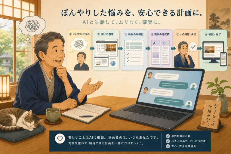 IT初学者旅宿主人通过AI对话，依现状整理、范围、选项、批准与确认的顺序，将模糊困扰具体化的插画