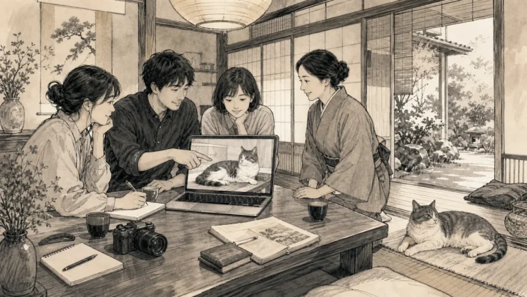 猫宿で撮影した猫の写真と提供条件を宿の人と確認する場面のイラスト