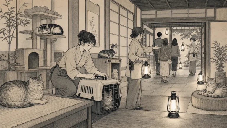 停電訓練中の猫宿で宿の人が猫を安全なキャリーへ確認し旅行者を誘導するイラスト