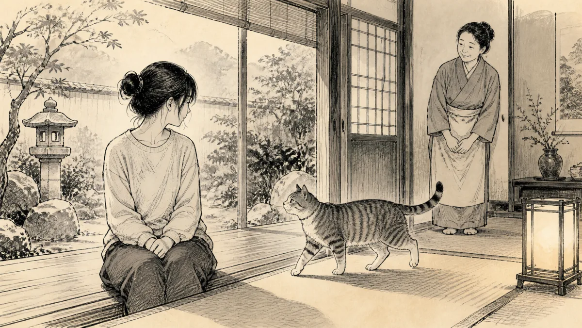 猫を飼った経験のない宿泊者が座って待ち看板猫から近づく場面のイラスト