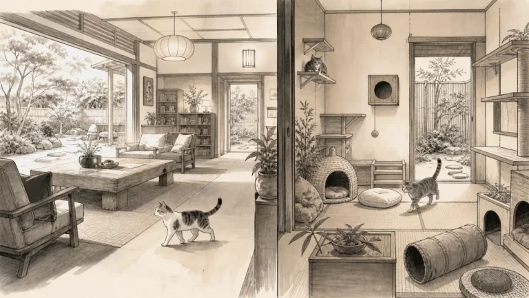 館内を自由に歩く猫と充実した猫専用室という二つの猫宿環境を描いたイラスト