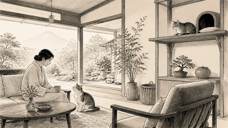 宿泊者の近くへ来る猫と高い棚から静かに観察する猫を描いたイラスト