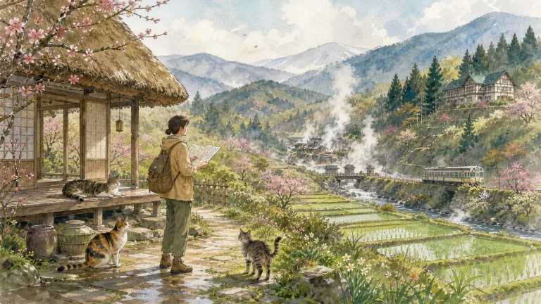 古民家・田園・温泉谷を背景に福島県の猫宿を探す旅行者のイラスト