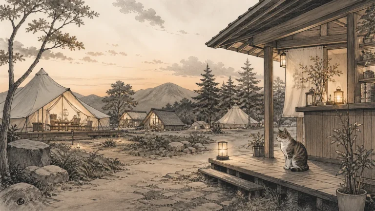 グランピング施設の管理棟近くで安全に暮らす看板猫と旅行者のイラスト