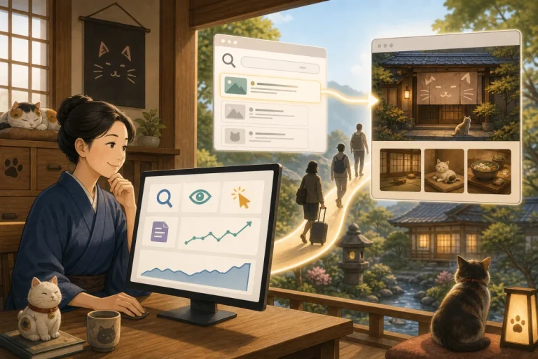 Illustration of a traveler visiting an inn site from the search results and the host checking the search display and click trends