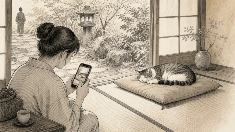 猫宿で撮った猫の写真を確認し他の宿泊客が写らない構図を選ぶ宿泊者のイラスト