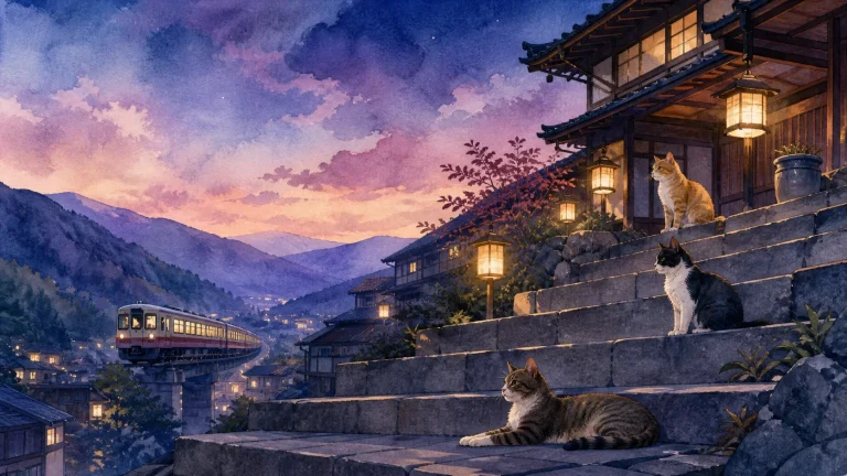 夕暮れの温泉街の石段で猫がくつろぐ群馬県の猫宿ガイドのイラスト