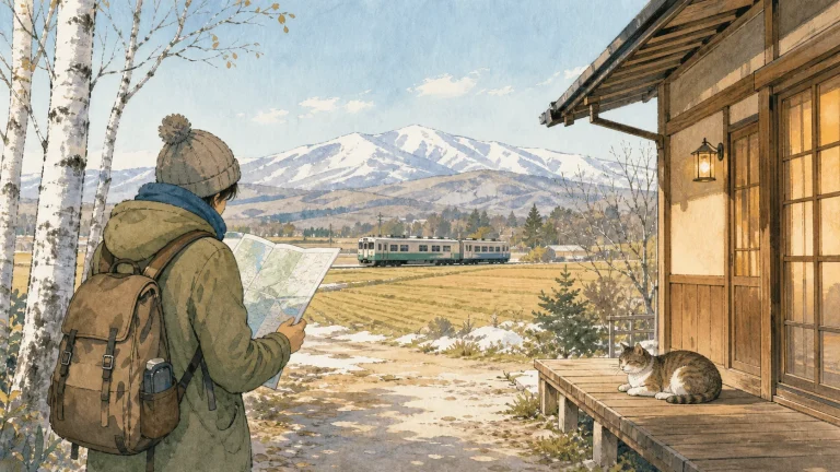 雪山・農地・ローカル線のある北海道で猫宿を探す旅行者のイラスト