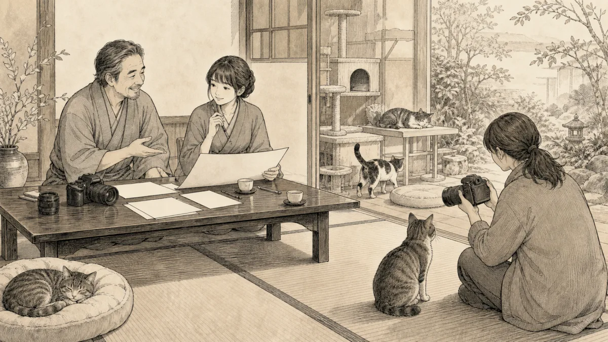 猫宿の撮影と触れ合いルールを宿主と取材者が確認し旅行者が距離を守るイラスト