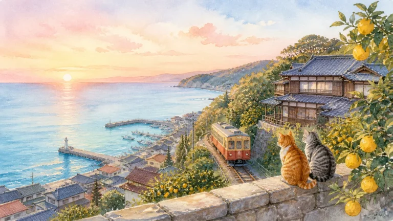 海沿いの町とローカル線を見下ろす猫を描いた神奈川県の猫宿ガイドのイラスト