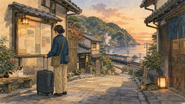 町家・海沿い鉄道・温泉地のある関西で猫宿を探す旅行者のイラスト