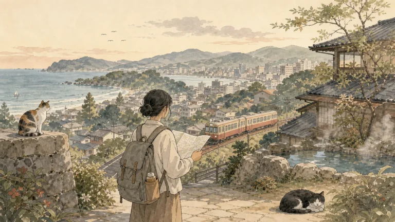 海・山・温泉・鉄道のある関東の旅先で猫宿を探す旅行者のイラスト