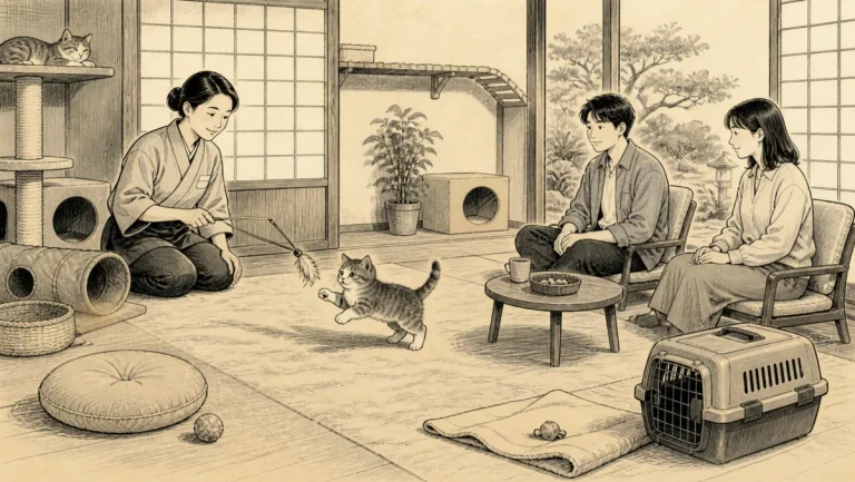 猫宿の安全な猫専用室で子猫が適切なおもちゃで遊び宿泊者が座って見守るイラスト