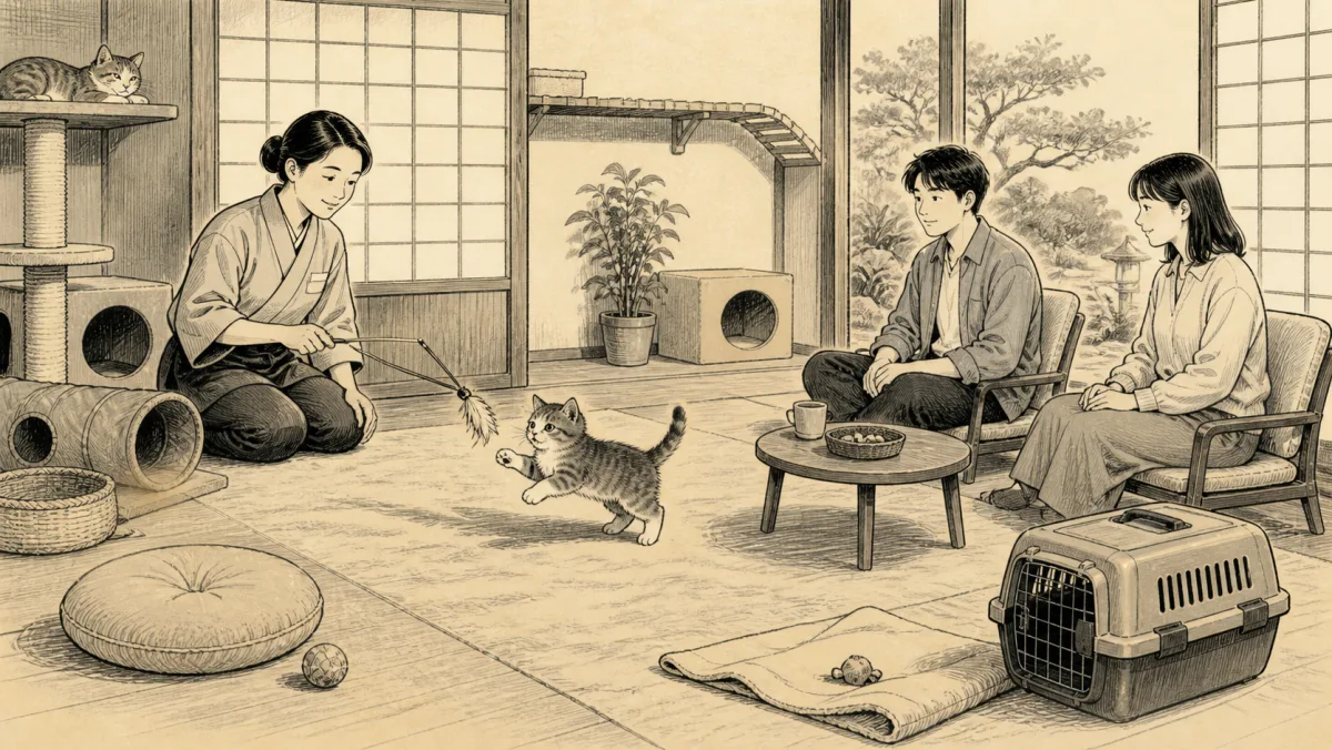 猫宿の安全な猫専用室で子猫が適切なおもちゃで遊び宿泊者が座って見守るイラスト
